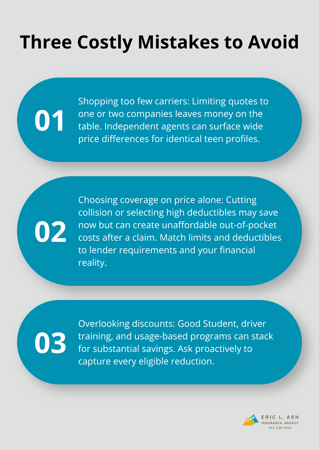 Stylized list of three common mistakes parents make when insuring teen drivers in Pennsylvania