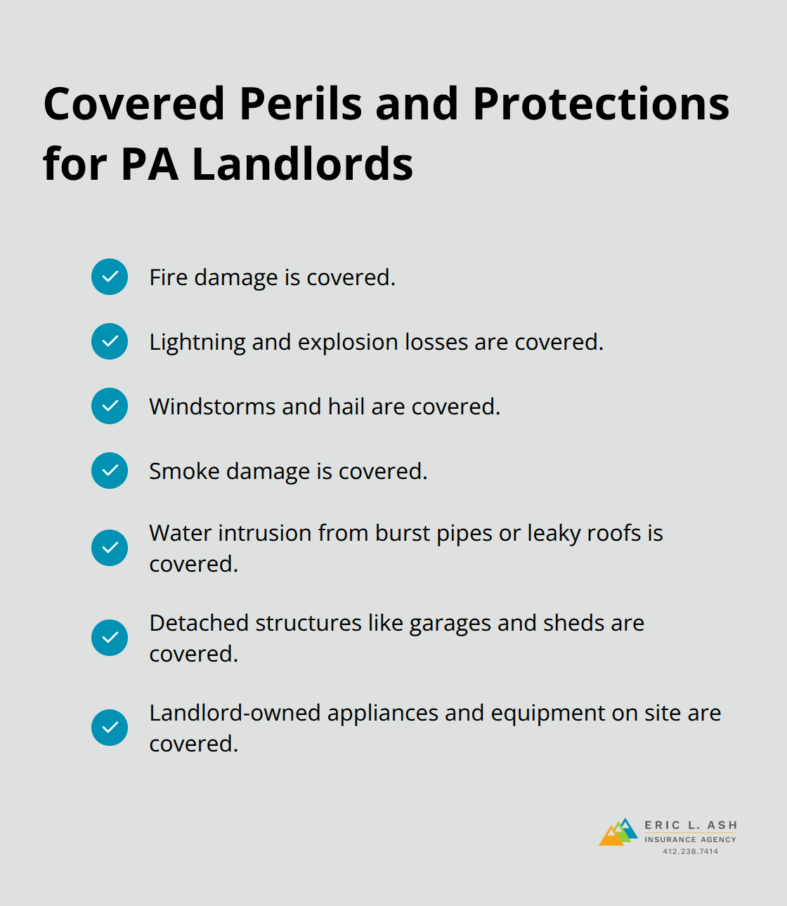 Checklist of common covered perils and related protections in Pennsylvania landlord insurance.