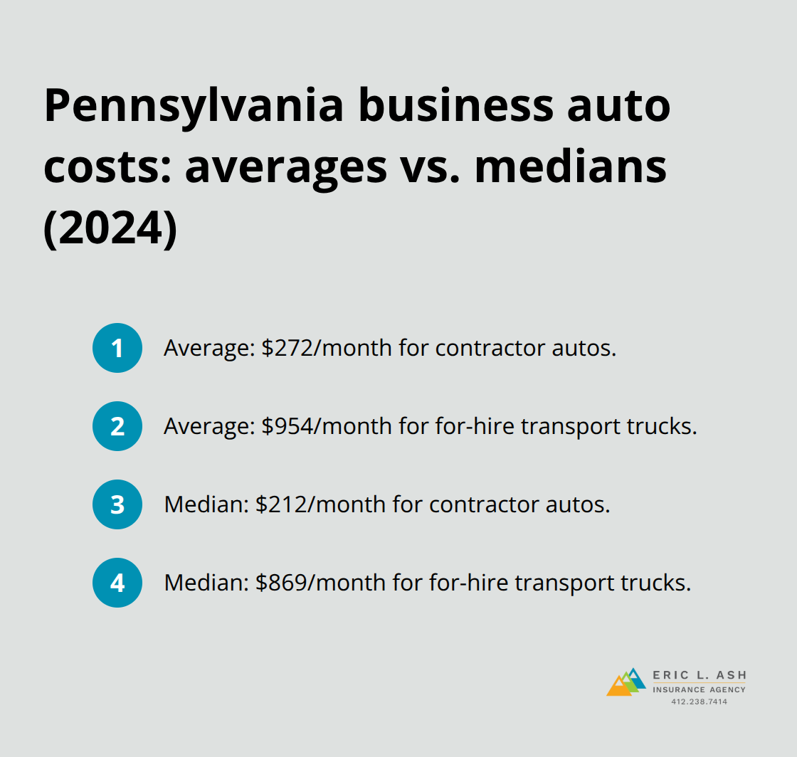 Comparison of average and median monthly commercial auto costs in Pennsylvania from Progressive in 2024.