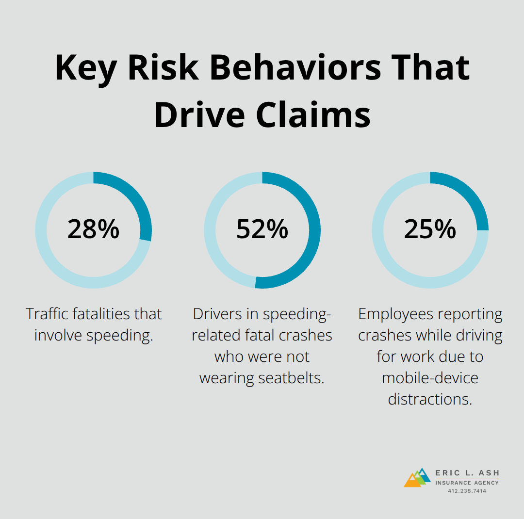 Infographic showing percentages for speeding-related fatalities, lack of seatbelt use, and work-related distracted-driving crashes.