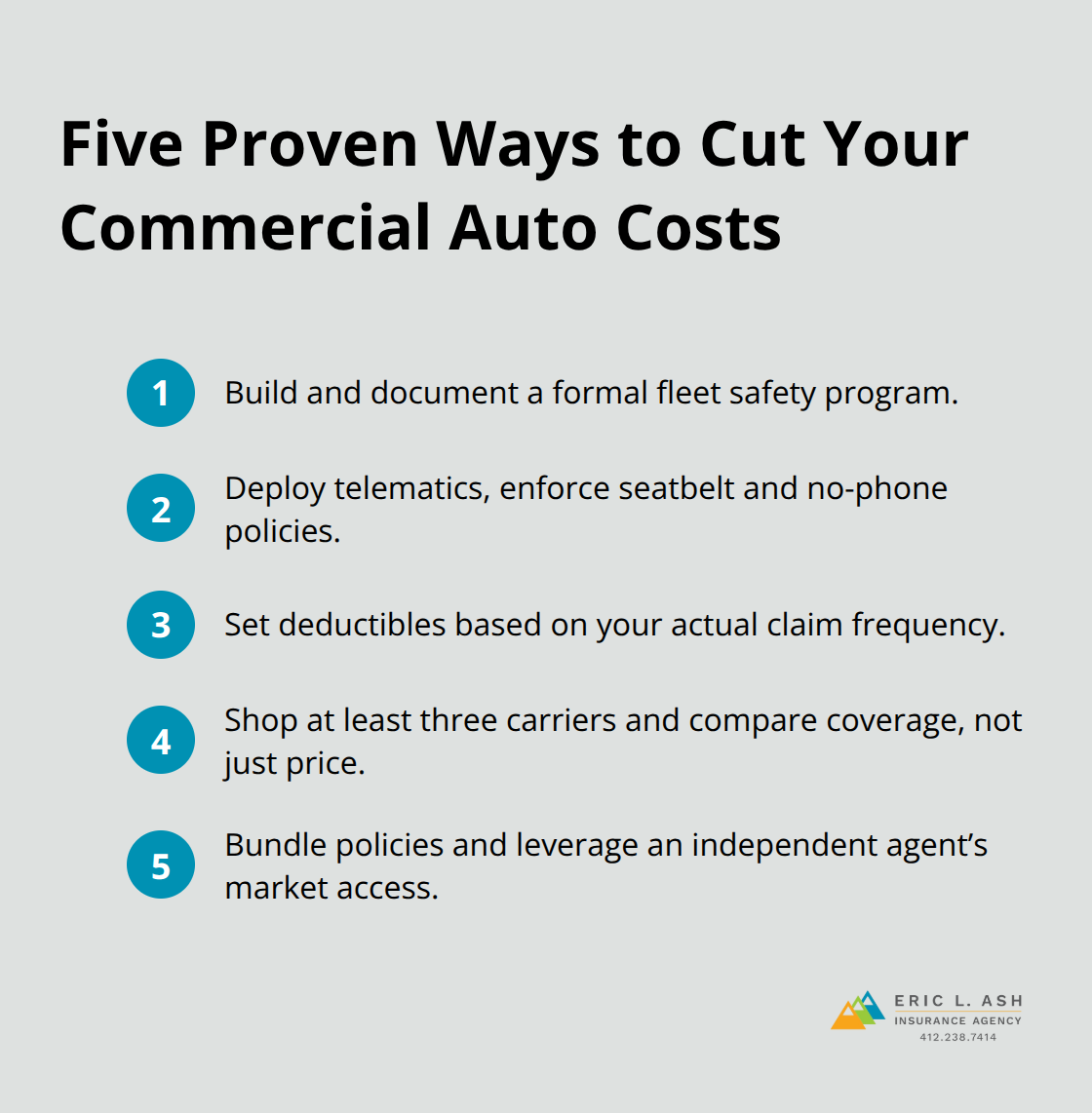 Compact checklist of five actionable steps to lower commercial vehicle insurance premiums. - commercial vehicle insurance rates