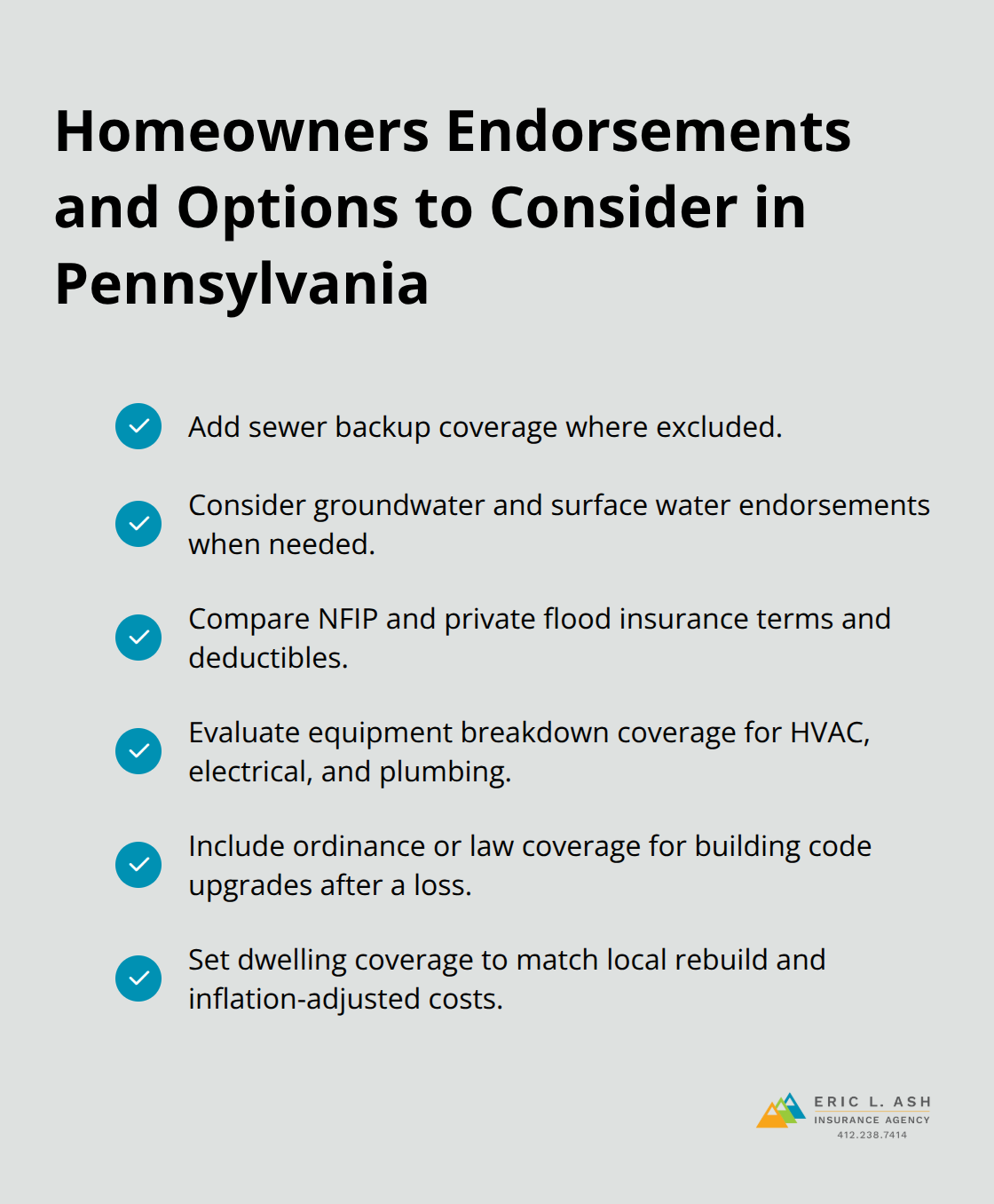 Checklist of key homeowners insurance add-ons and flood options for Pennsylvania properties - personal insurance options PA