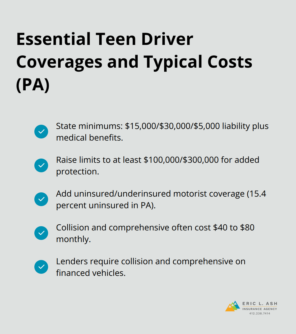 Checklist of key coverages for Pennsylvania teen drivers with brief cost notes. - teen driver coverage PA